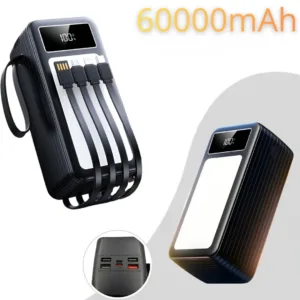 باور بانك بسعة 60000mAh مع شحن سريع 22.5 واط و4 كابلات مدمجة وإضاءة LED